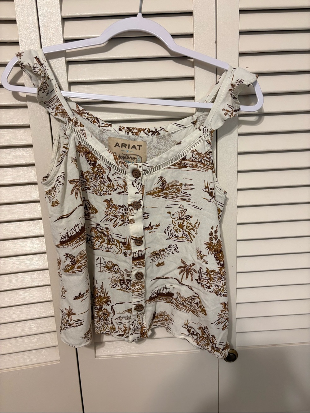 Ariat Cream and Brown Western-Print Button Tank